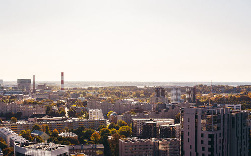 High angle view of buildings against clear sky