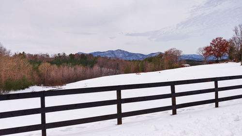 Scenic view of field and snowcapped mountains against sky