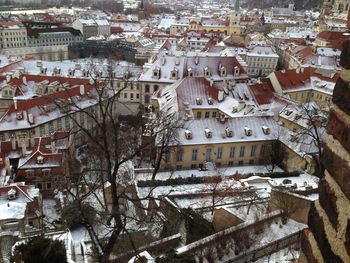 High angle view of houses in town during winter