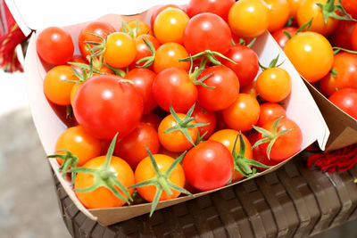 High angle view of tomatoes in basket