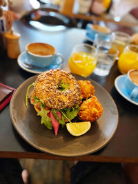 High angle view of breakfast on table