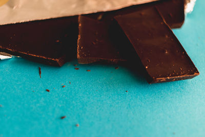 High angle view of chocolate cake on table