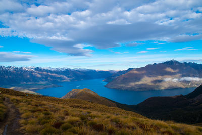 Scenic view of river and mountains against sky 