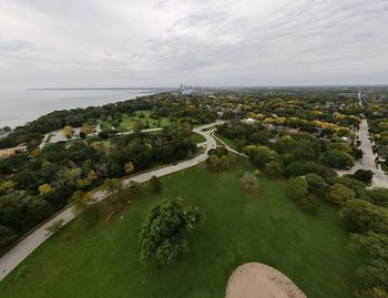 High angle view of trees against sky