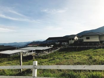 Houses on field by buildings against sky