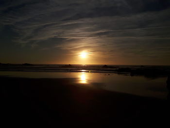 Scenic view of sea against sunset sky