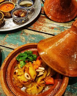 High angle view of food served on table