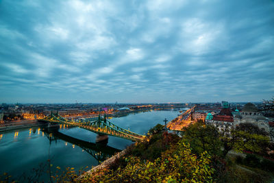 High angle view of bridge over river by buildings in city