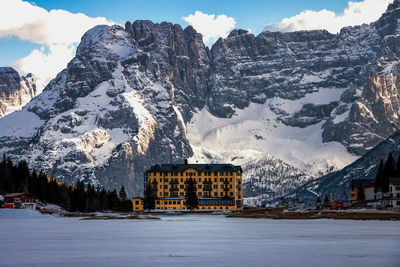 Sunset of misurina lake, belluno, veneto, italy