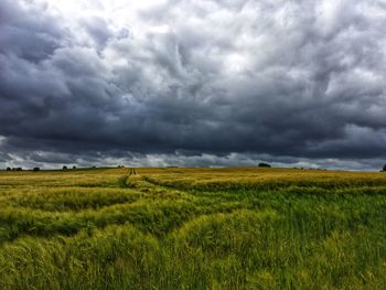 Scenic view of field against cloudy sky