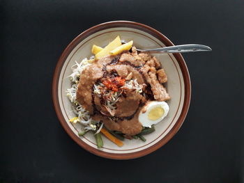 High angle view of meal served on table