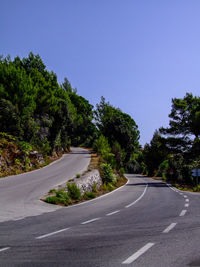 Road amidst trees against clear sky