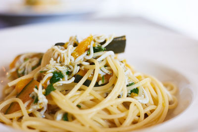 Close-up of noodles served in plate