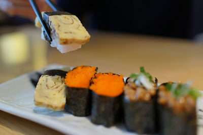 Close-up of sushi served in plate