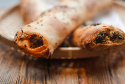 Close-up of baked food in plate on table