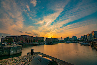 Scenic view of river by buildings against sky during sunset