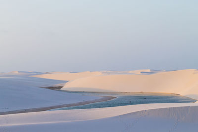 Scenic view of snow covered land against clear sky