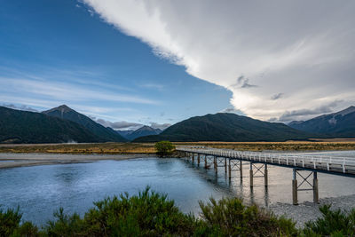 Scenic view of lake and mountains against sky