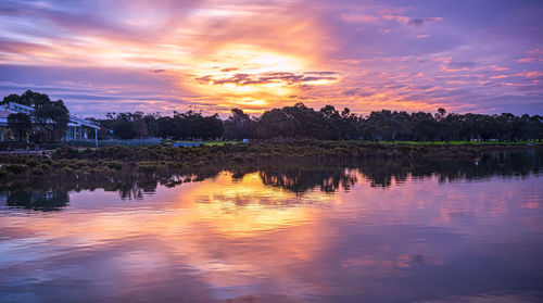 Scenic view of lake against sky at sunset