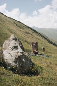 Scenic view of rocks on field against sky