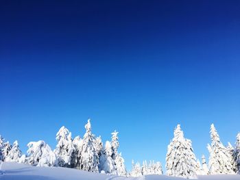 Scenic view of snowcapped mountains against clear blue sky