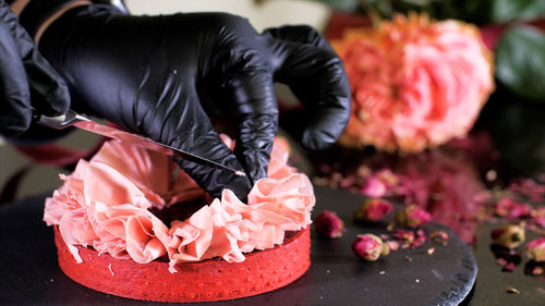 Close-up of man holding pink flowers