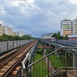 Railroad tracks amidst buildings in city against sky