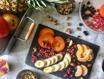 High angle view of breakfast on table