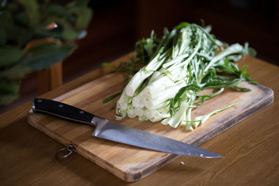 High angle view of chopped vegetables on cutting board