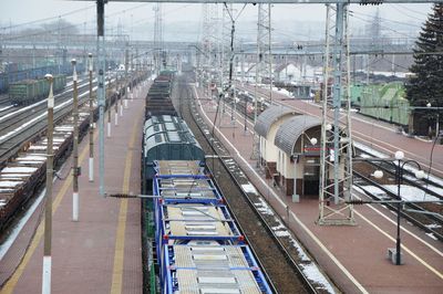 High angle view of train at railroad station