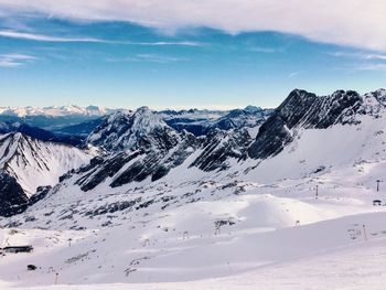 Scenic view of snow covered mountains against sky