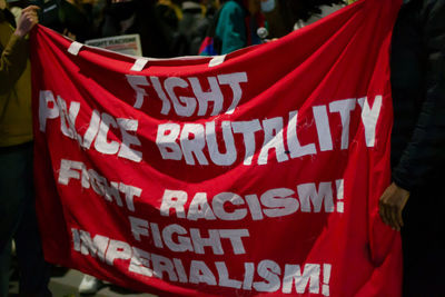 Close-up of text on red board