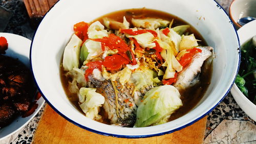 High angle view of meal served in bowl