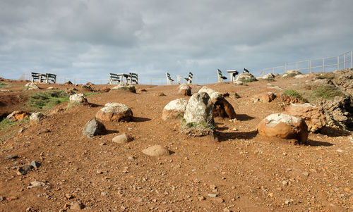 View of rocks on field against sky