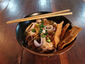 High angle view of food in bowl on table