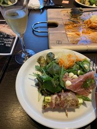 High angle view of food served on table