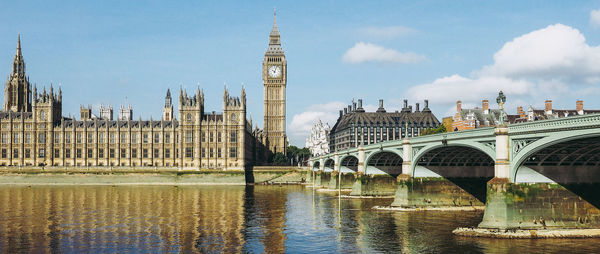 Bridge over river and buildings against sky in city