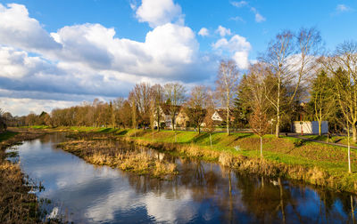 Scenic view of lake by trees against sky