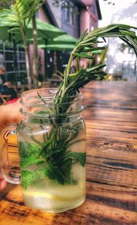 Close-up of drink in glass jar on table