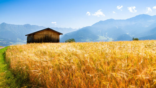 Barn on field against mountain range