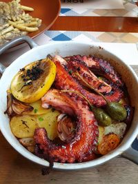 High angle view of food served on table