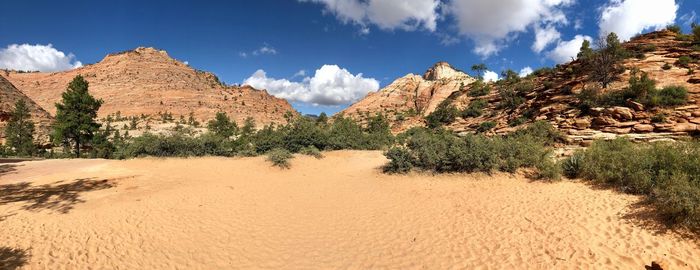 Panoramic view of landscape and mountains against sky