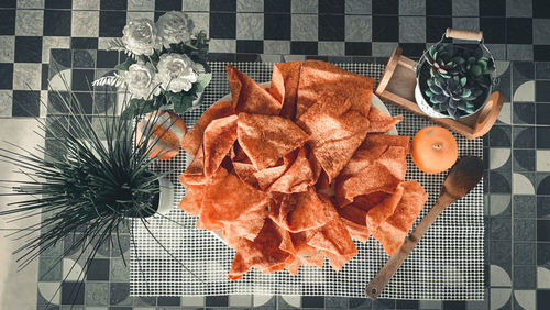 High angle view of maple leaves on table