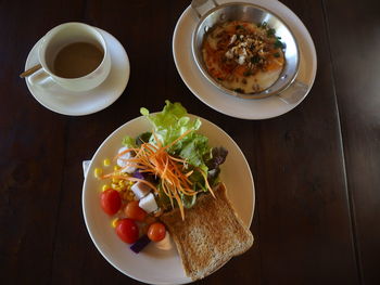 High angle view of breakfast served on table