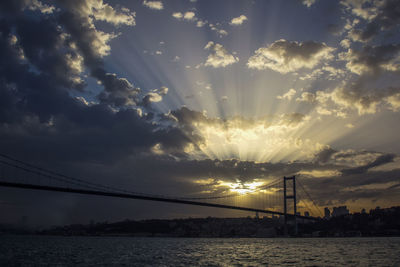 Bridge over bay against sky during sunset