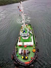 High angle view of a tugboat at sea