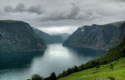 Scenic view of lake against cloudy sky