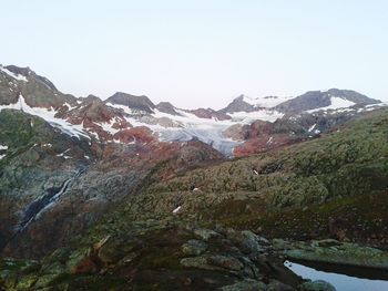 Scenic view of snow covered mountains against clear sky