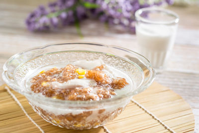 Close-up of breakfast served on table