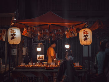 Illuminated lanterns hanging at night